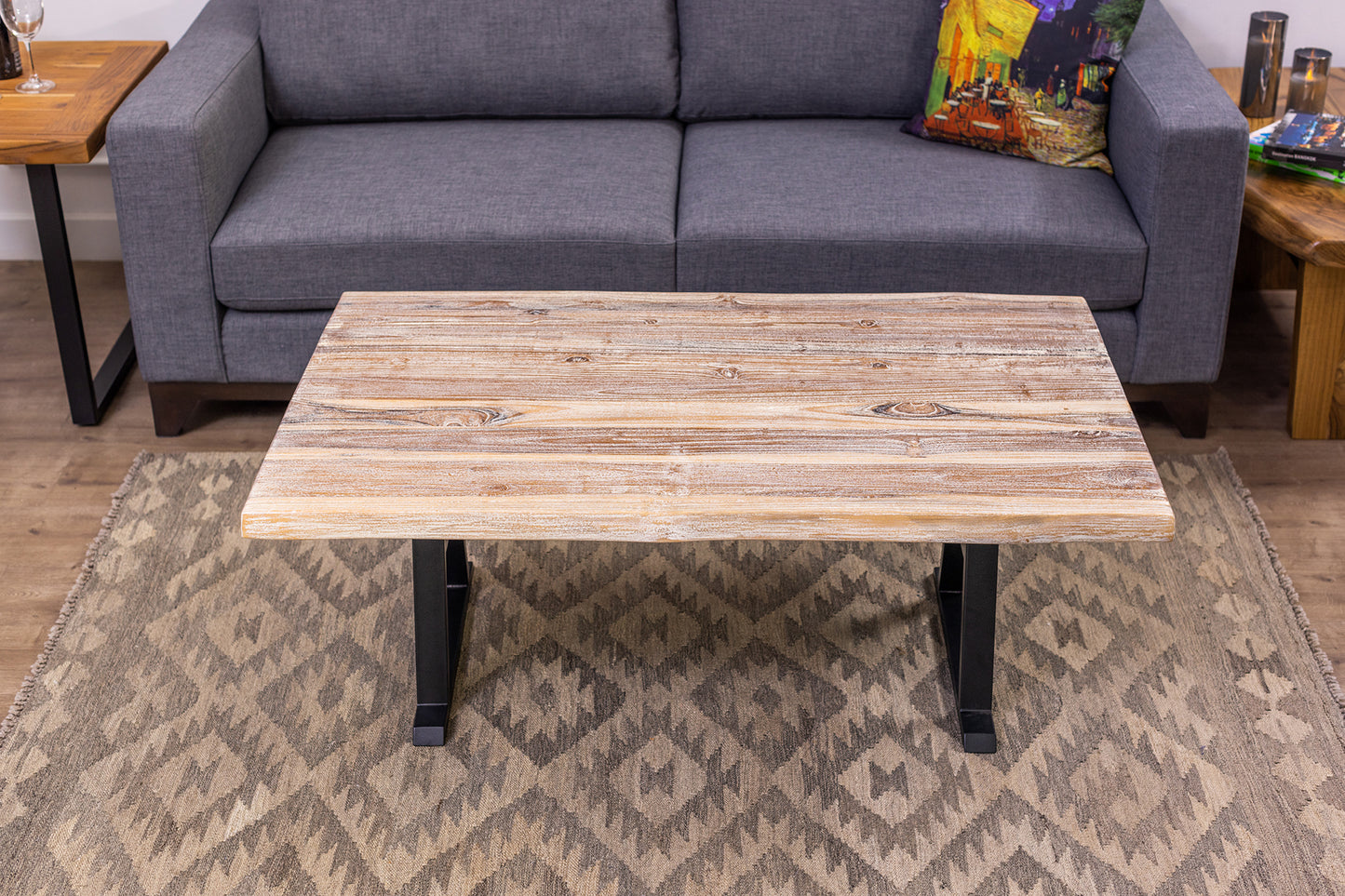48x30" Teak Live Edge Coffee Table, Brushed-Texture Sun Bleached Finish