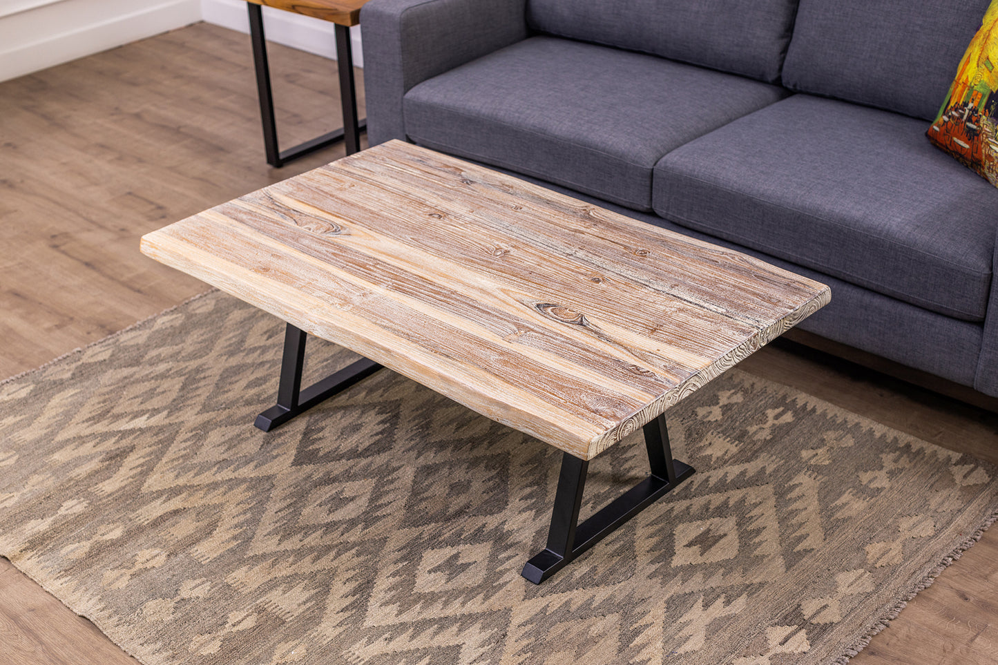 48x30" Teak Live Edge Coffee Table, Brushed-Texture Sun Bleached Finish
