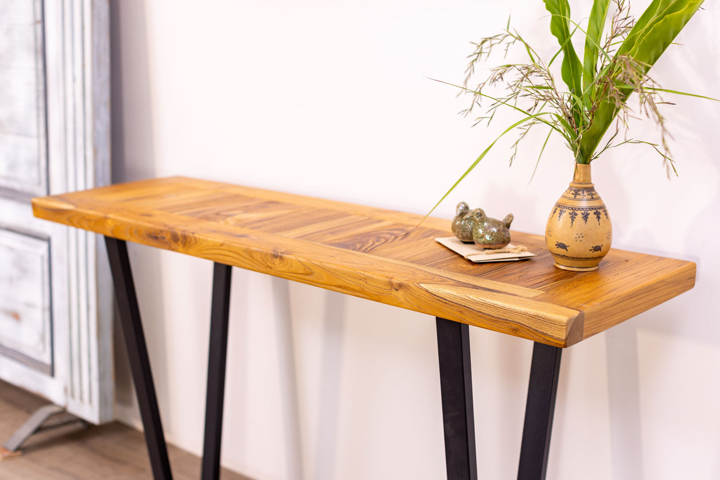 52x12" Teak Mission Edge Console Table, Brushed-Texture Natural Finish