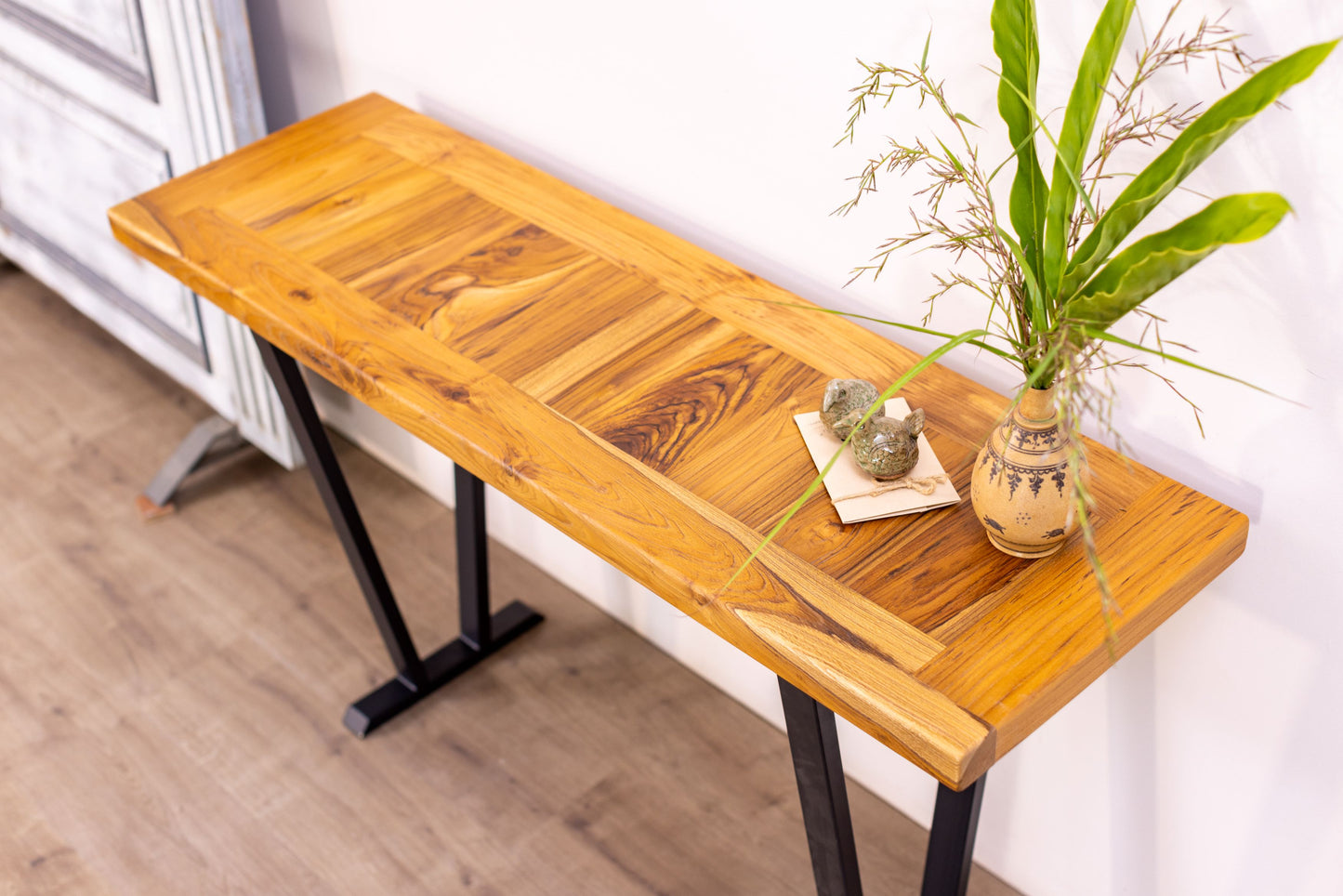 52x12" Teak Mission Edge Console Table, Brushed-Texture Natural Finish