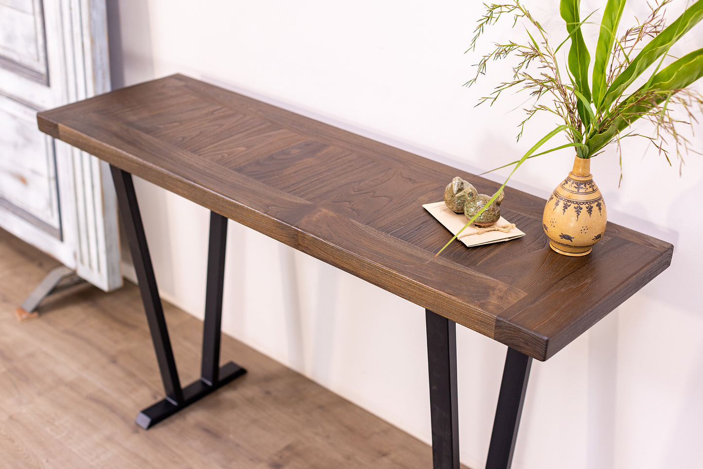 52x12" Teak Mission Edge Console Table, Brushed-Texture Cocoa Finish