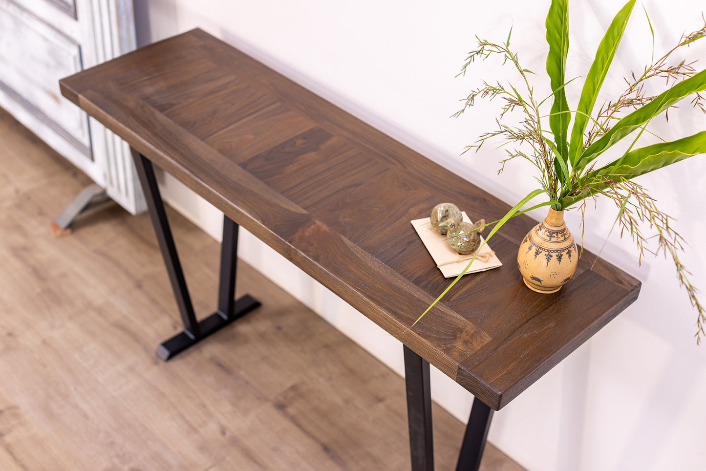 52x12" Teak Mission Edge Console Table, Brushed-Texture Cocoa Finish