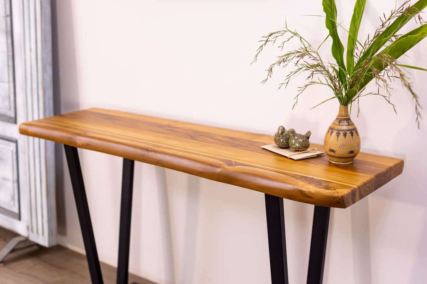 65x18" Teak Live Edge Console Table, Smooth-Texture Natural Finish