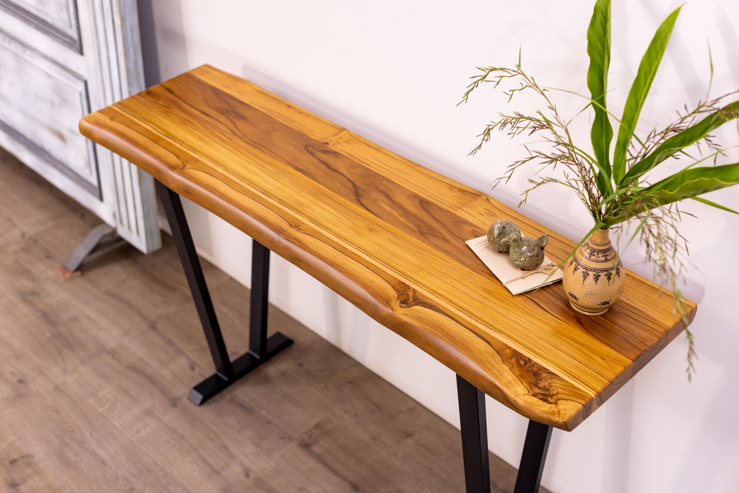 65x18" Teak Live Edge Console Table, Smooth-Texture Natural Finish