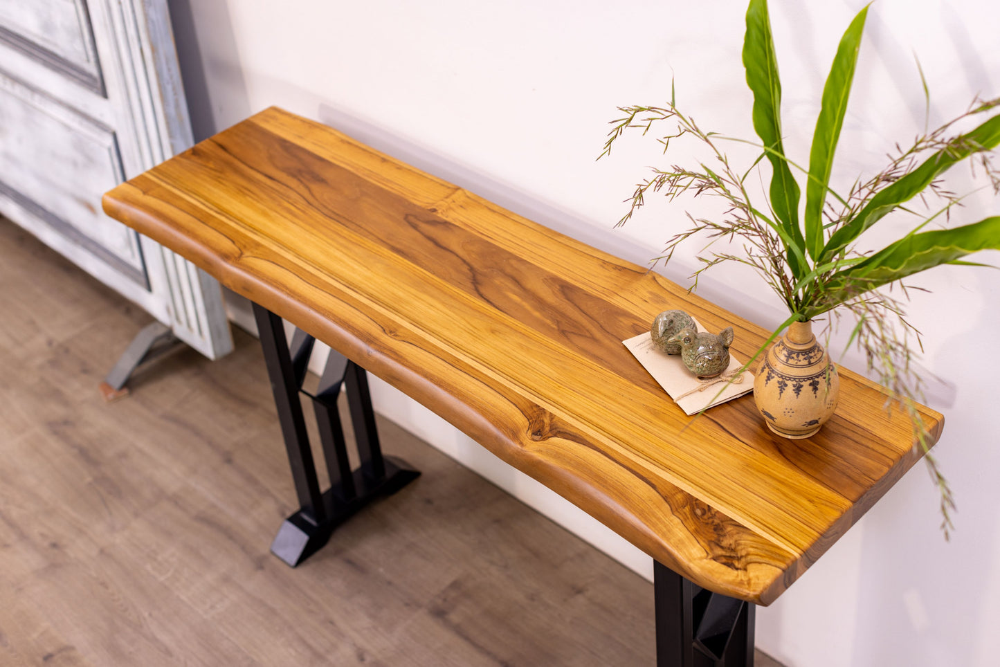 52x12" Teak Live Edge Console Table, Smooth-Texture Natural Finish