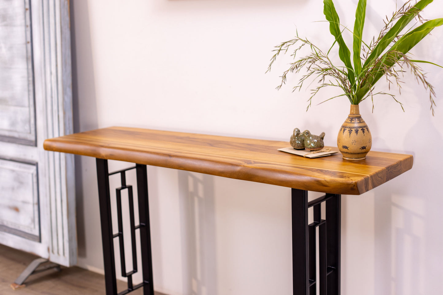 52x12" Teak Live Edge Console Table, Smooth-Texture Natural Finish