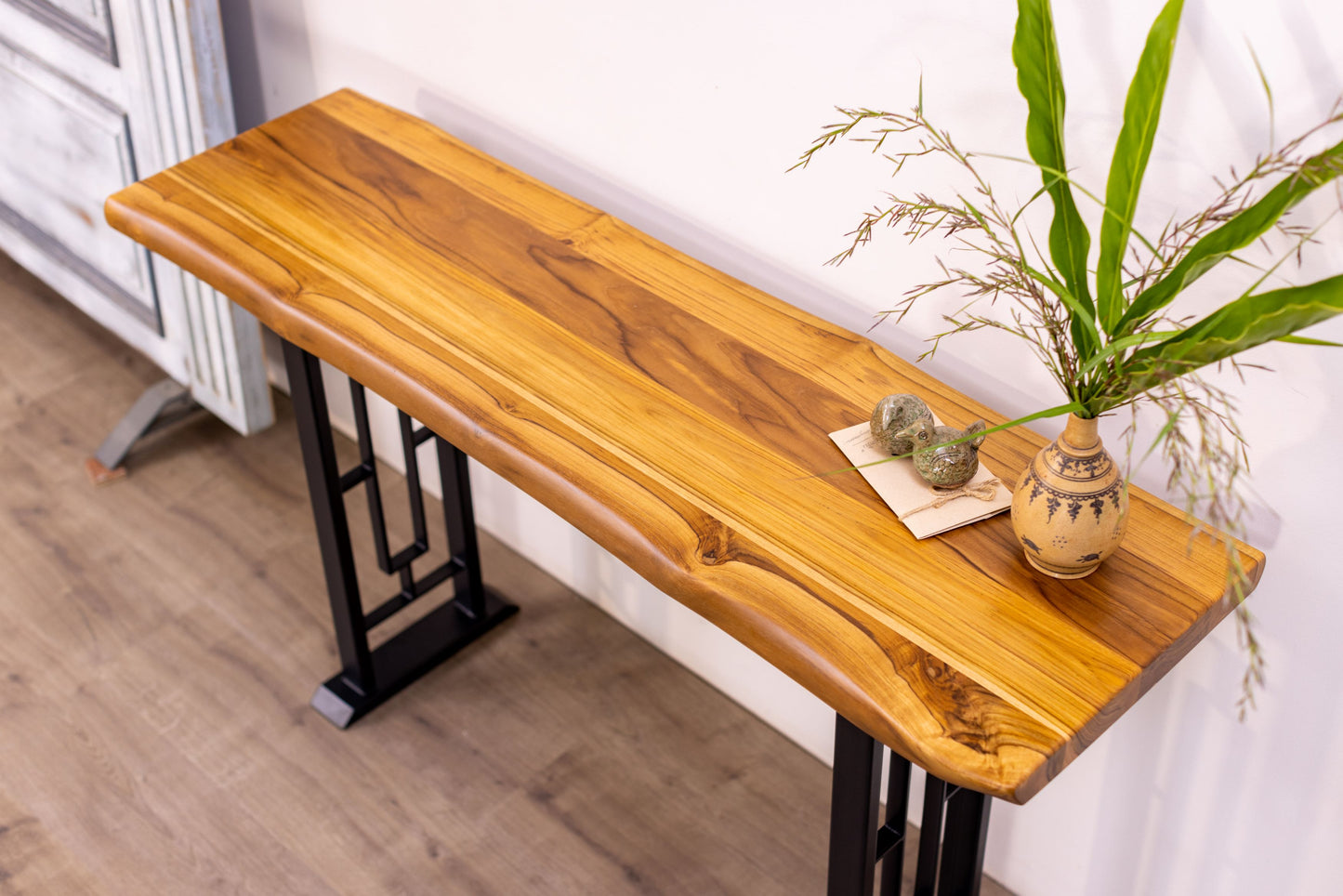 52x12" Teak Live Edge Console Table, Smooth-Texture Natural Finish