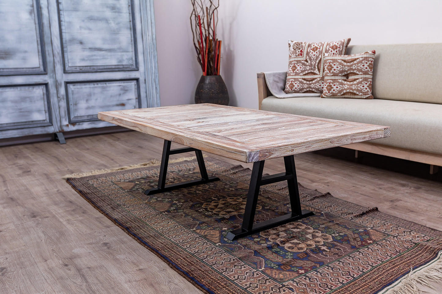 55x30" Teak Mission Edge Coffee Table, Brushed-Texture Sun Bleached Finish