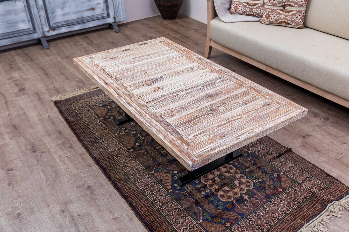 55x30" Teak Mission Edge Coffee Table, Brushed-Texture Sun Bleached Finish