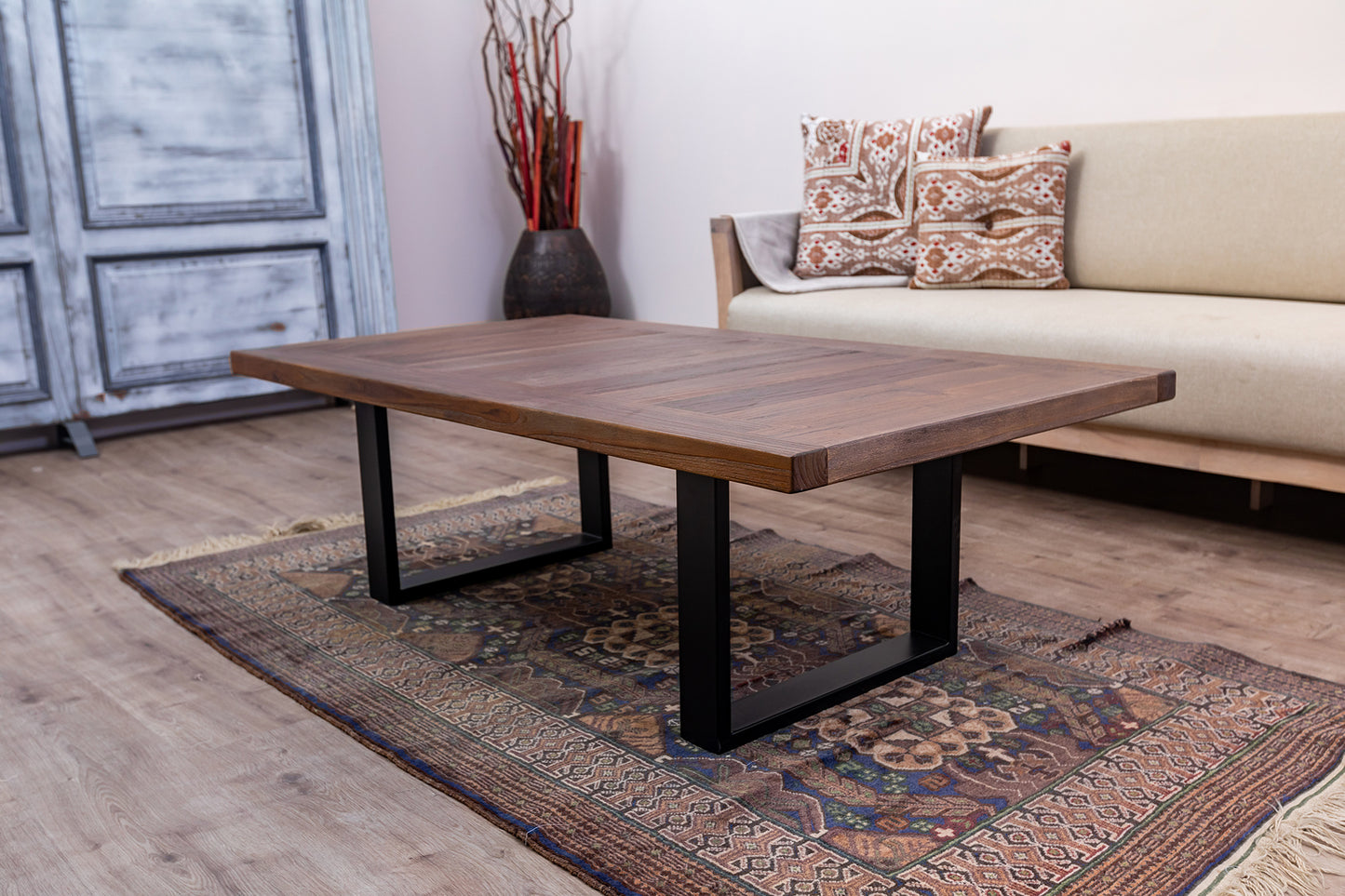 55x30" Teak Mission Edge Coffee Table, Brushed-Texture Cocoa Finish