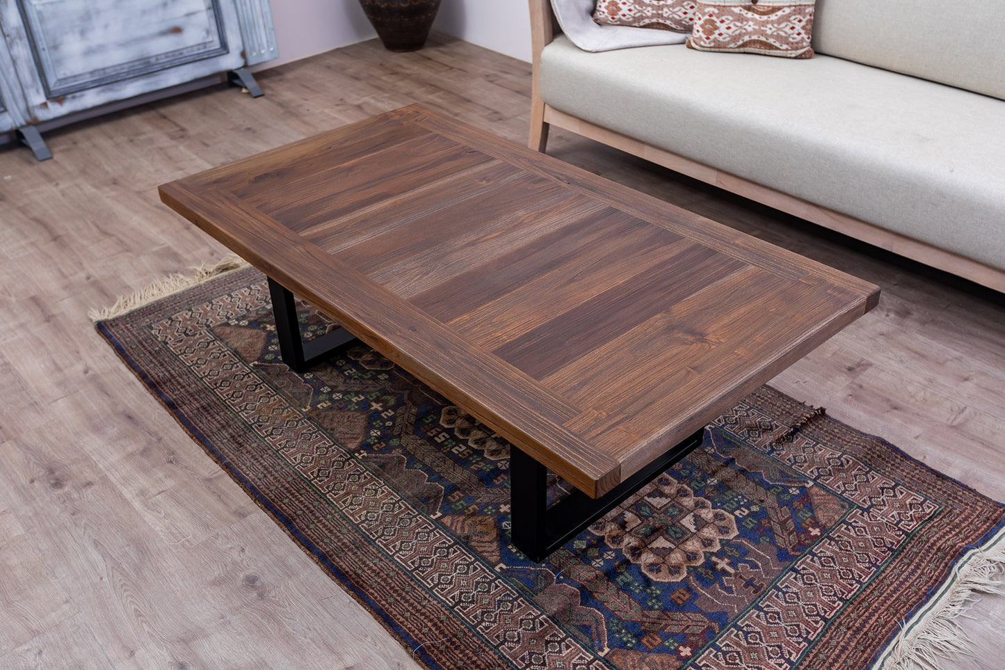 55x30" Teak Mission Edge Coffee Table, Brushed-Texture Cocoa Finish