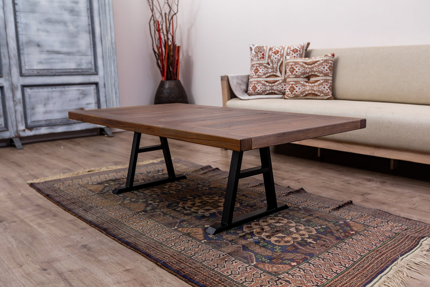 55x30" Teak Mission Edge Coffee Table, Brushed-Texture Cocoa Finish