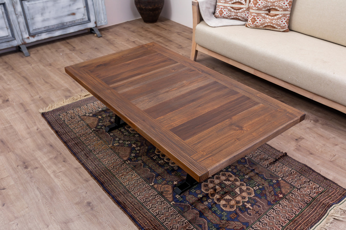 55x30" Teak Mission Edge Coffee Table, Brushed-Texture Cocoa Finish