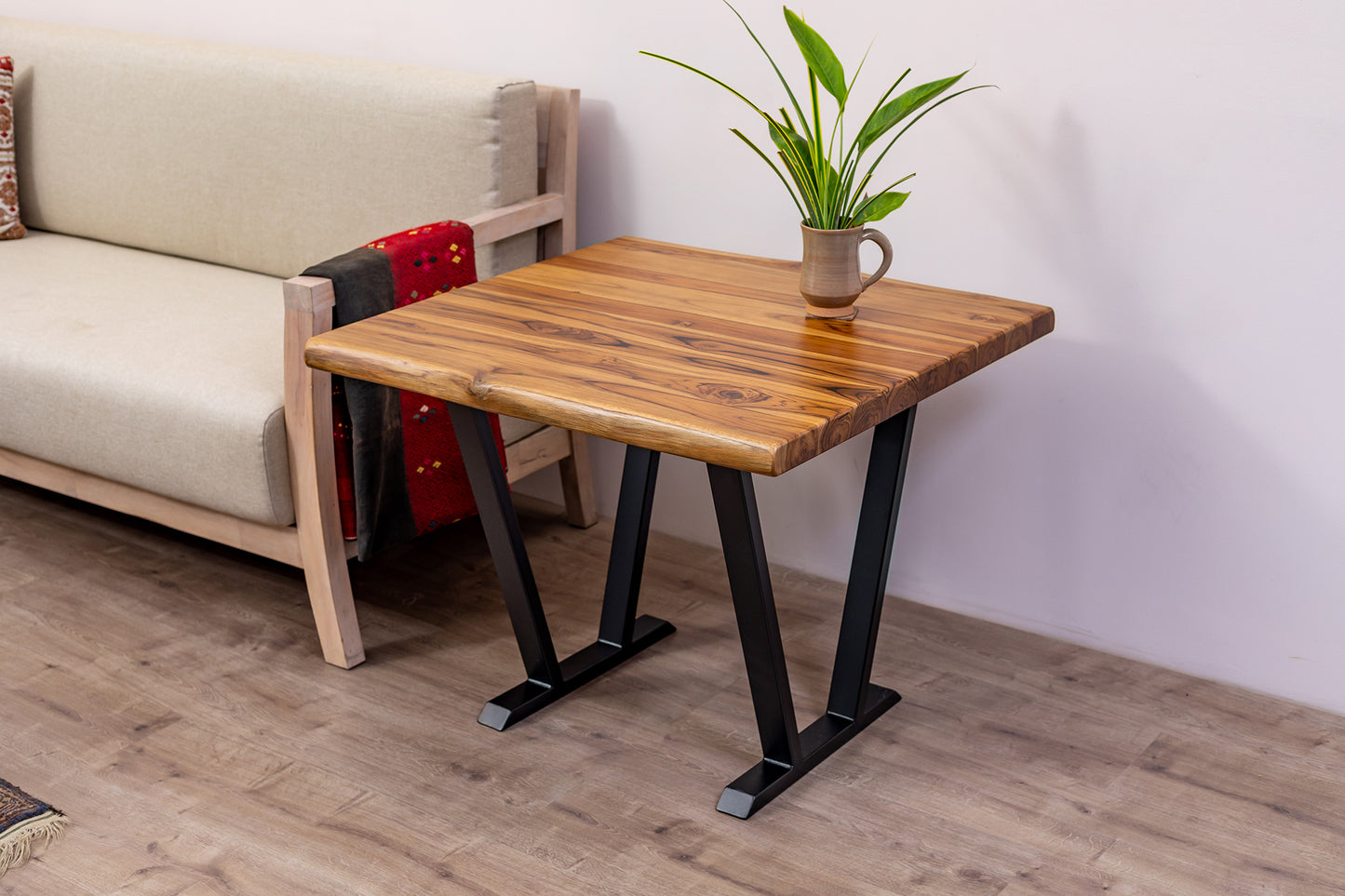 30x30" Teak Live Edge Side Table, Brushed-Texture Natural Finish