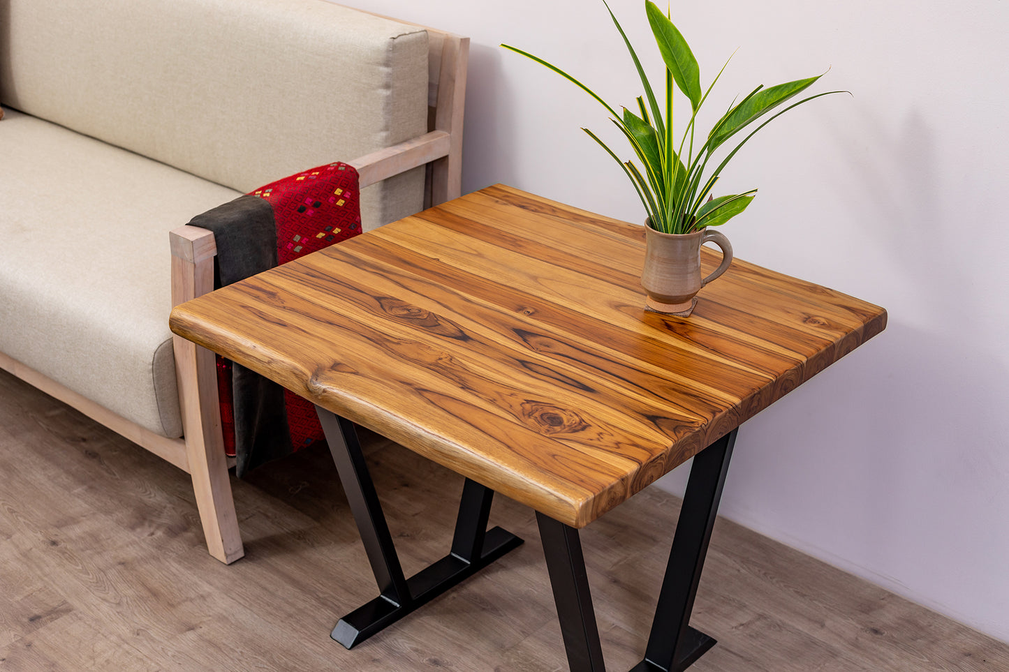 30x30" Teak Live Edge Side Table, Brushed-Texture Natural Finish