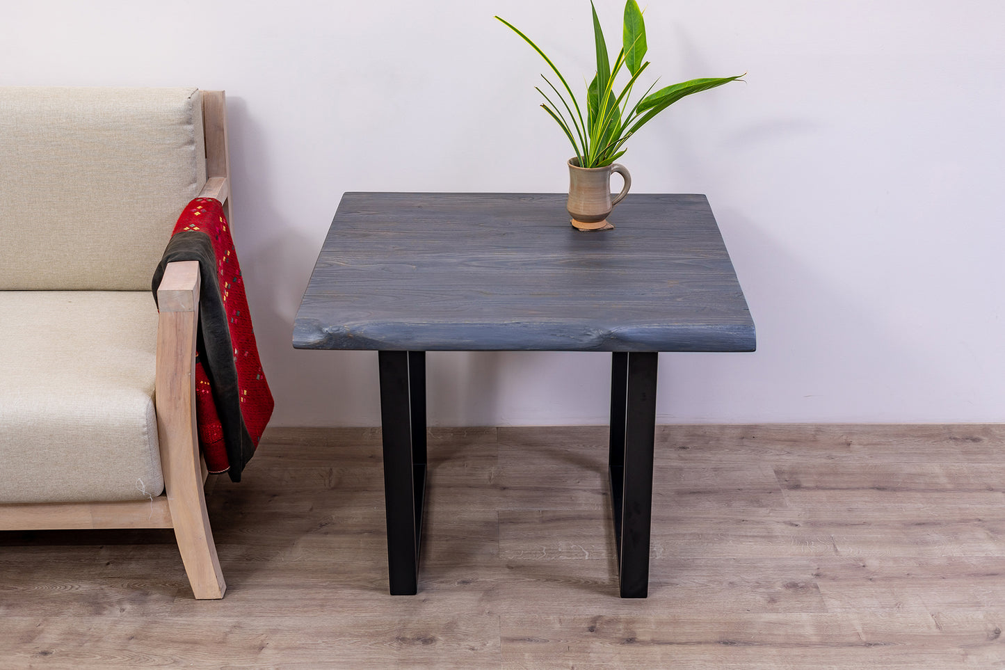 30x30" Teak Live Edge Side Table, Brushed-Texture Anthracite Gray Finish