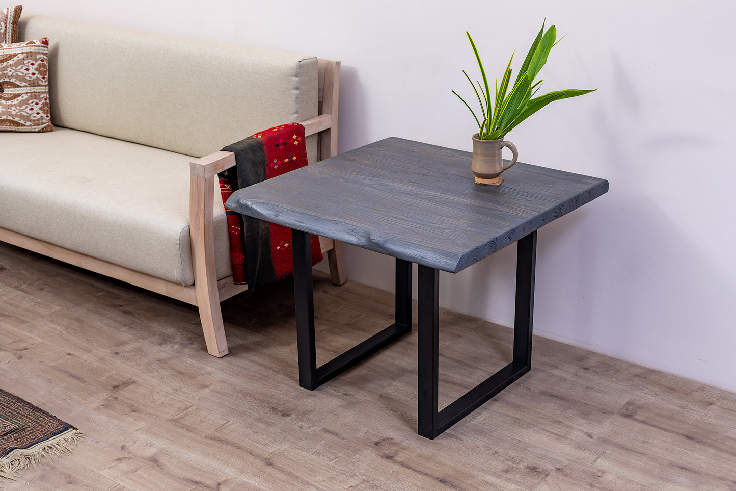 30x30" Teak Live Edge Side Table, Brushed-Texture Anthracite Gray Finish