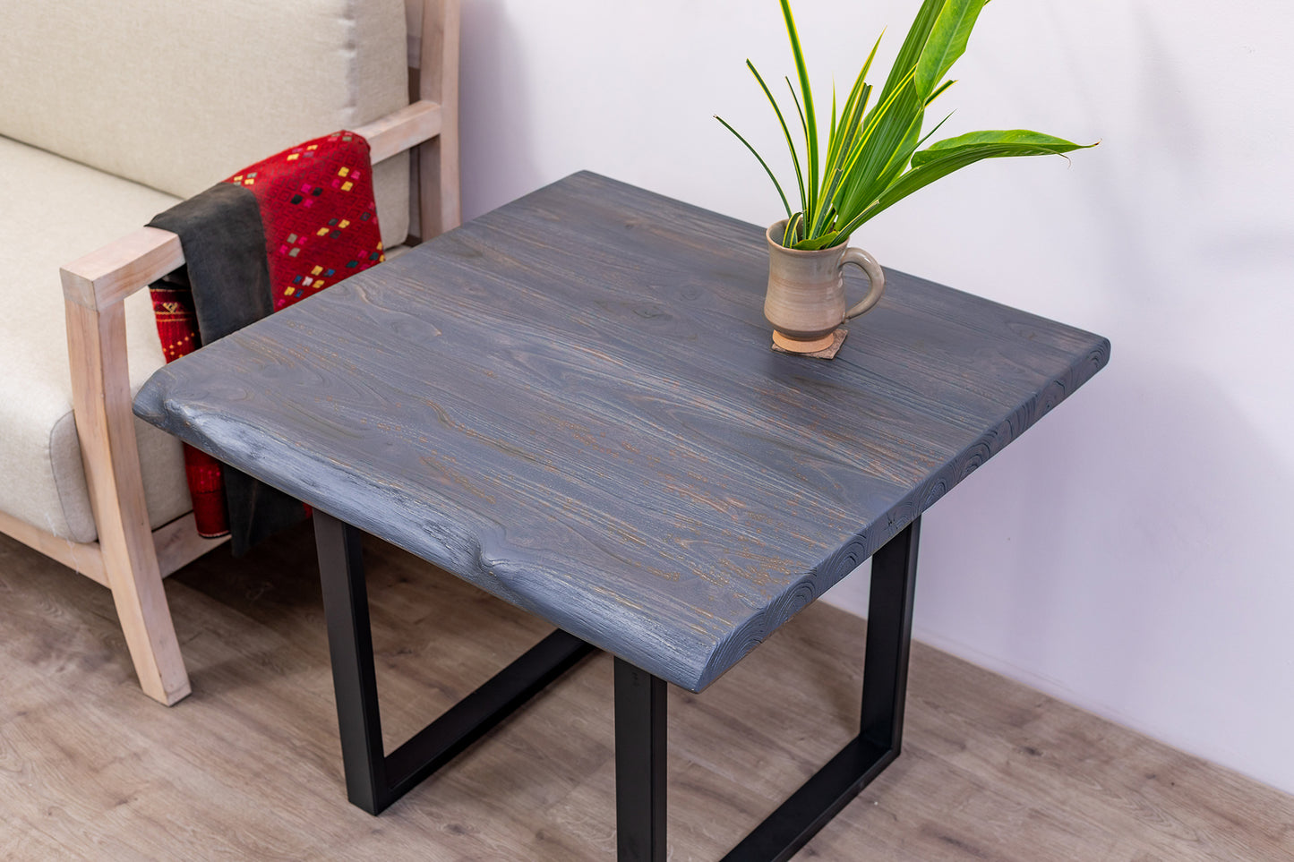 30x30" Teak Live Edge Side Table, Brushed-Texture Anthracite Gray Finish