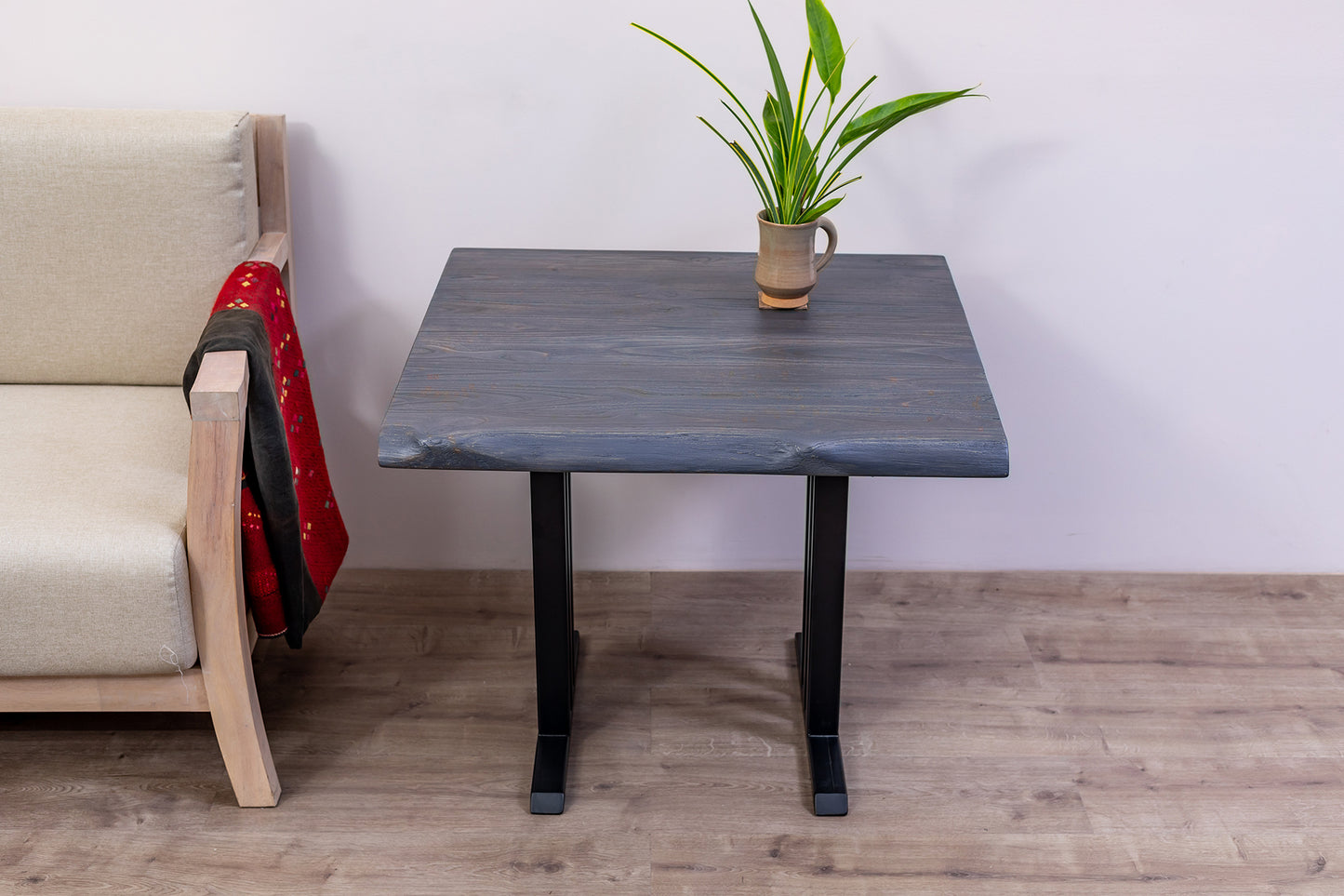 30x30" Teak Live Edge Side Table, Brushed-Texture Anthracite Gray Finish
