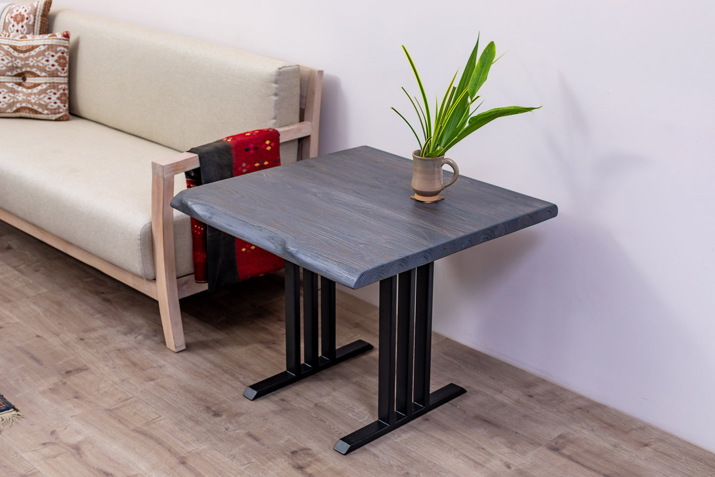 30x30" Teak Live Edge Side Table, Brushed-Texture Anthracite Gray Finish
