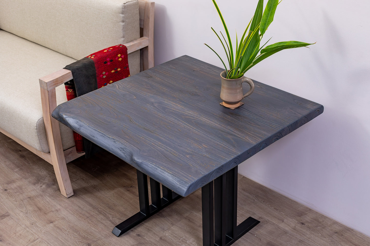 30x30" Teak Live Edge Side Table, Brushed-Texture Anthracite Gray Finish