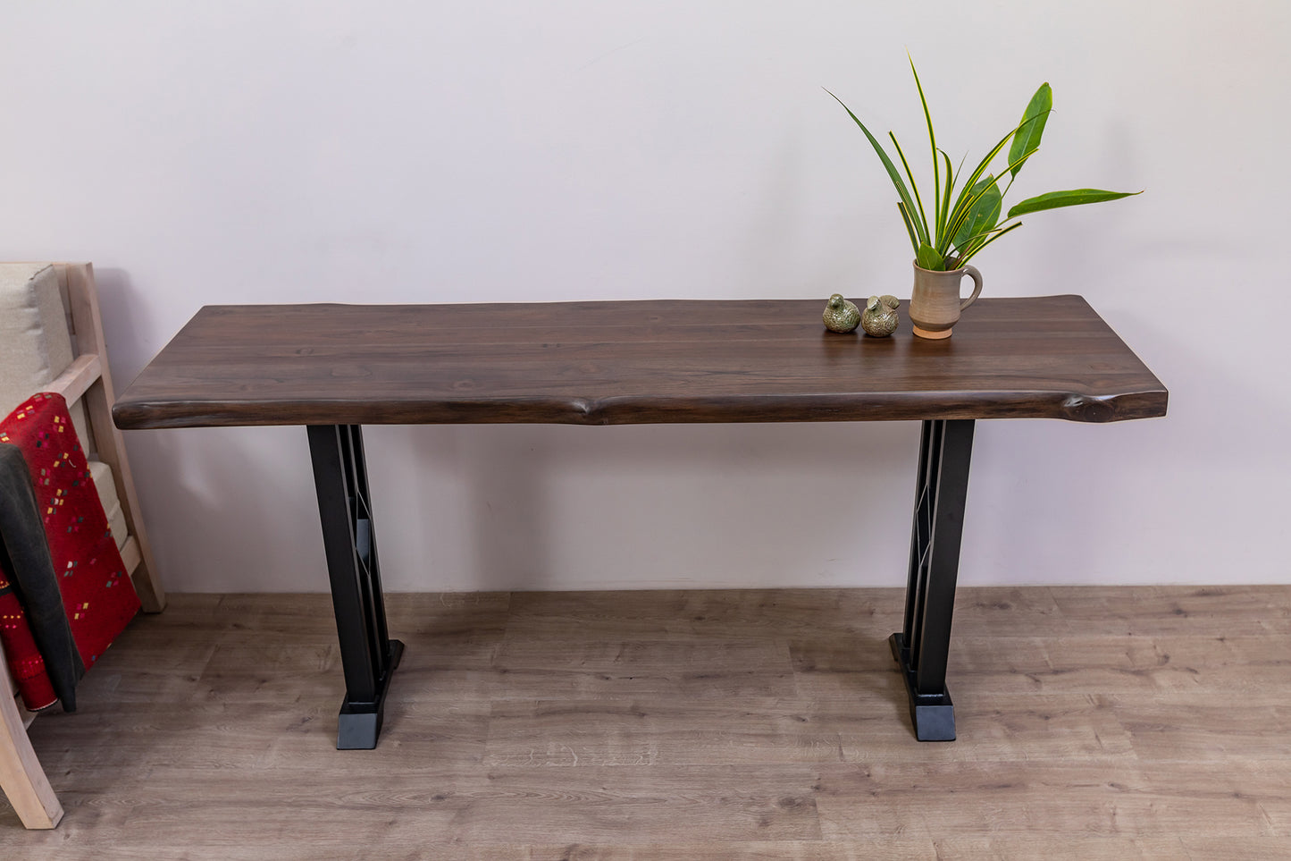 65x18" Teak Live Edge Console Table, Smooth-Texture Cocoa Finish