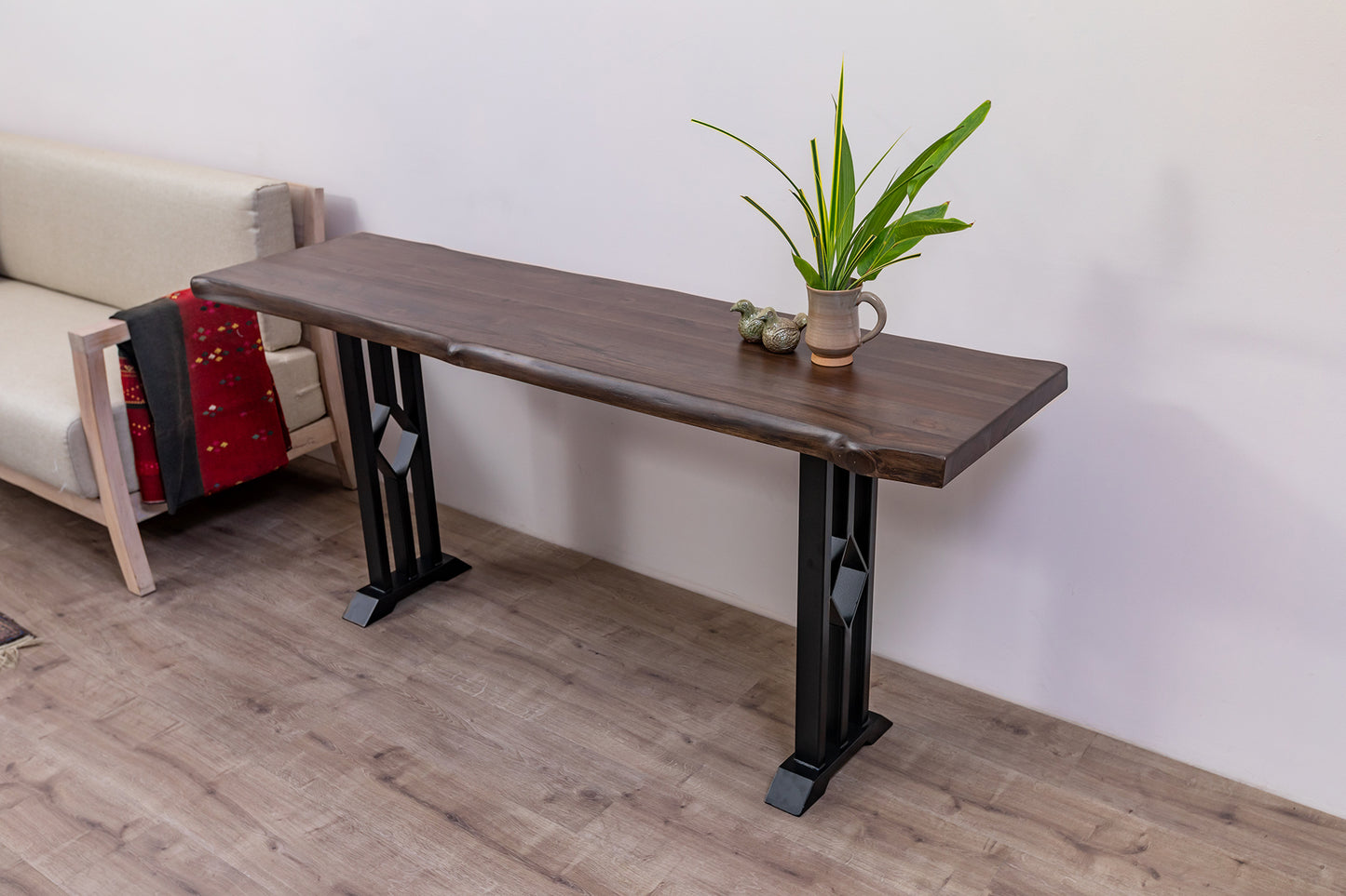 65x18" Teak Live Edge Console Table, Smooth-Texture Cocoa Finish