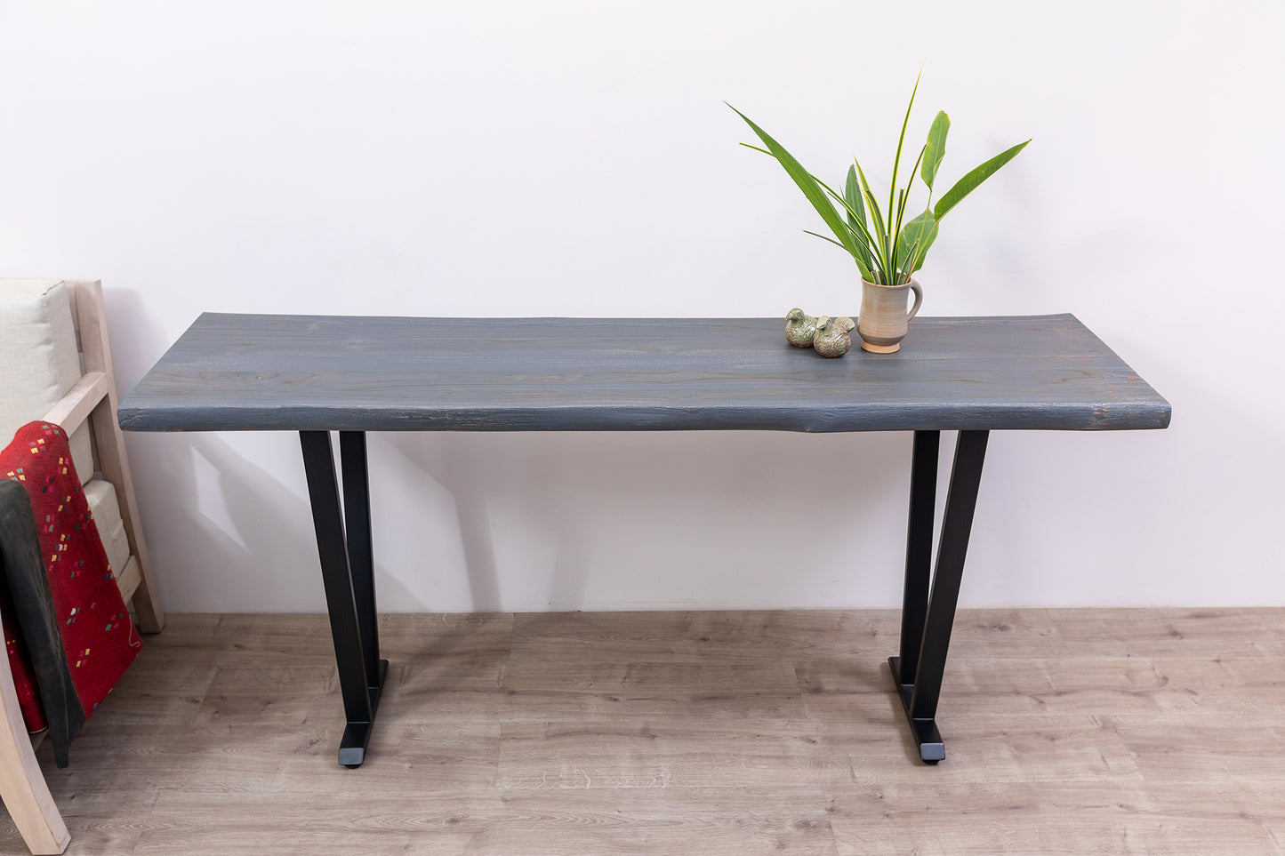 65x18" Teak Live Edge Console Table, Brushed-Texture Anthracite Grey Finish