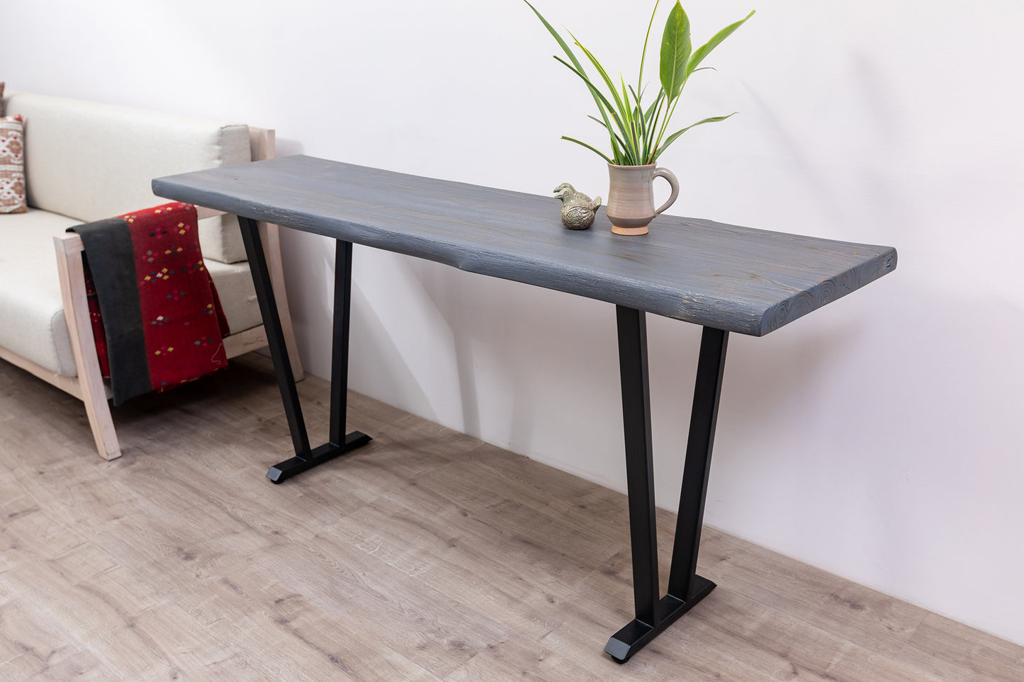 65x18" Teak Live Edge Console Table, Brushed-Texture Anthracite Grey Finish