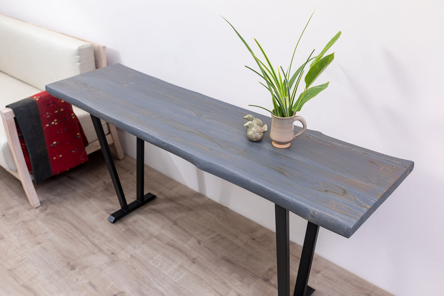65x18" Teak Live Edge Console Table, Brushed-Texture Anthracite Grey Finish