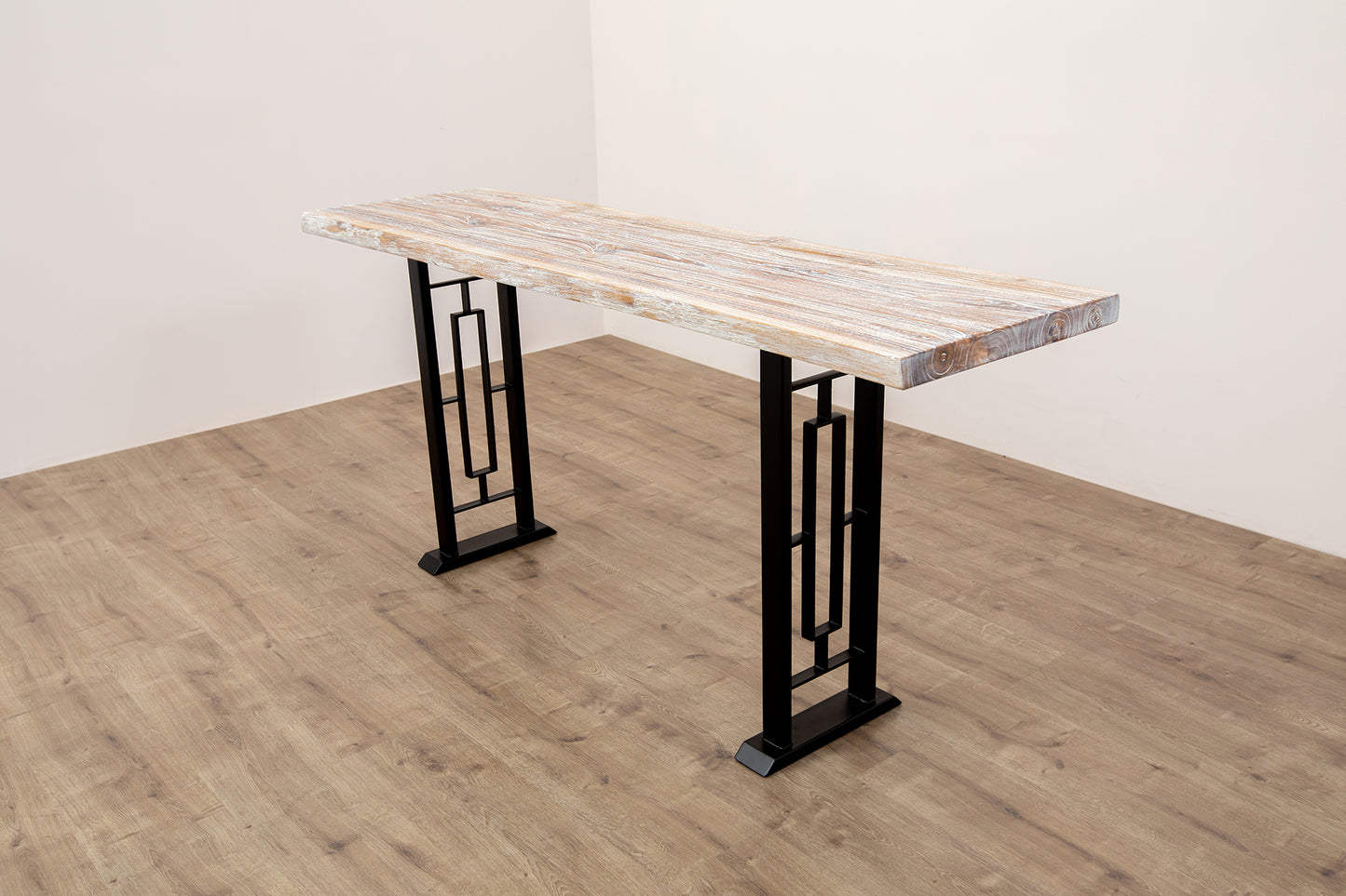 65x18" Teak Live Edge Console Table, Smooth-Texture Sun Bleached Finish