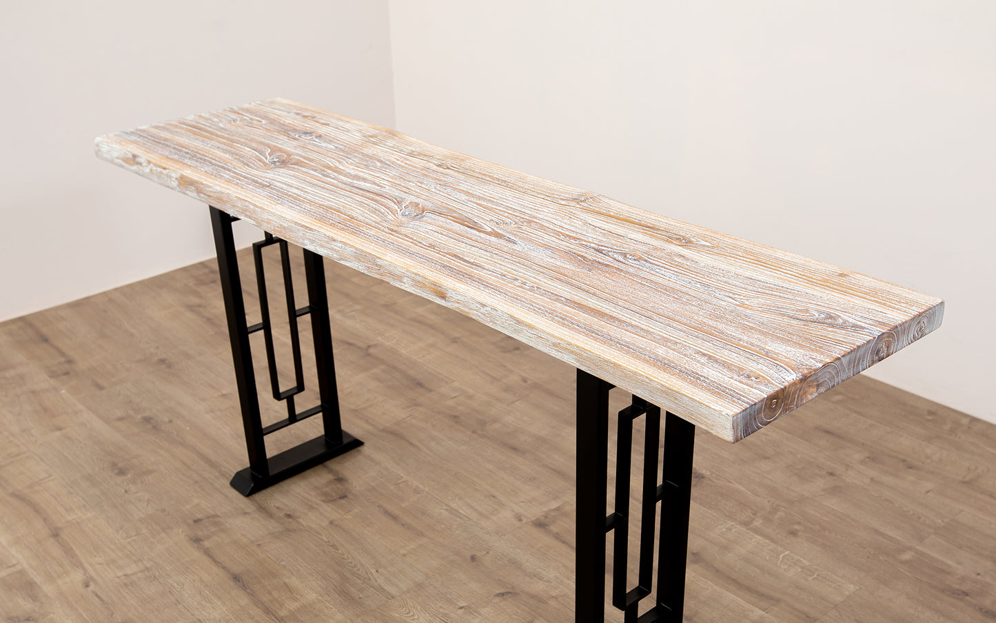 65x18" Teak Live Edge Console Table, Smooth-Texture Sun Bleached Finish
