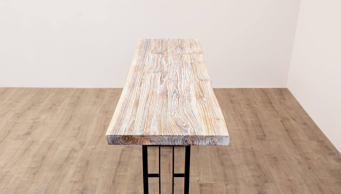 65x18" Teak Live Edge Console Table, Smooth-Texture Sun Bleached Finish