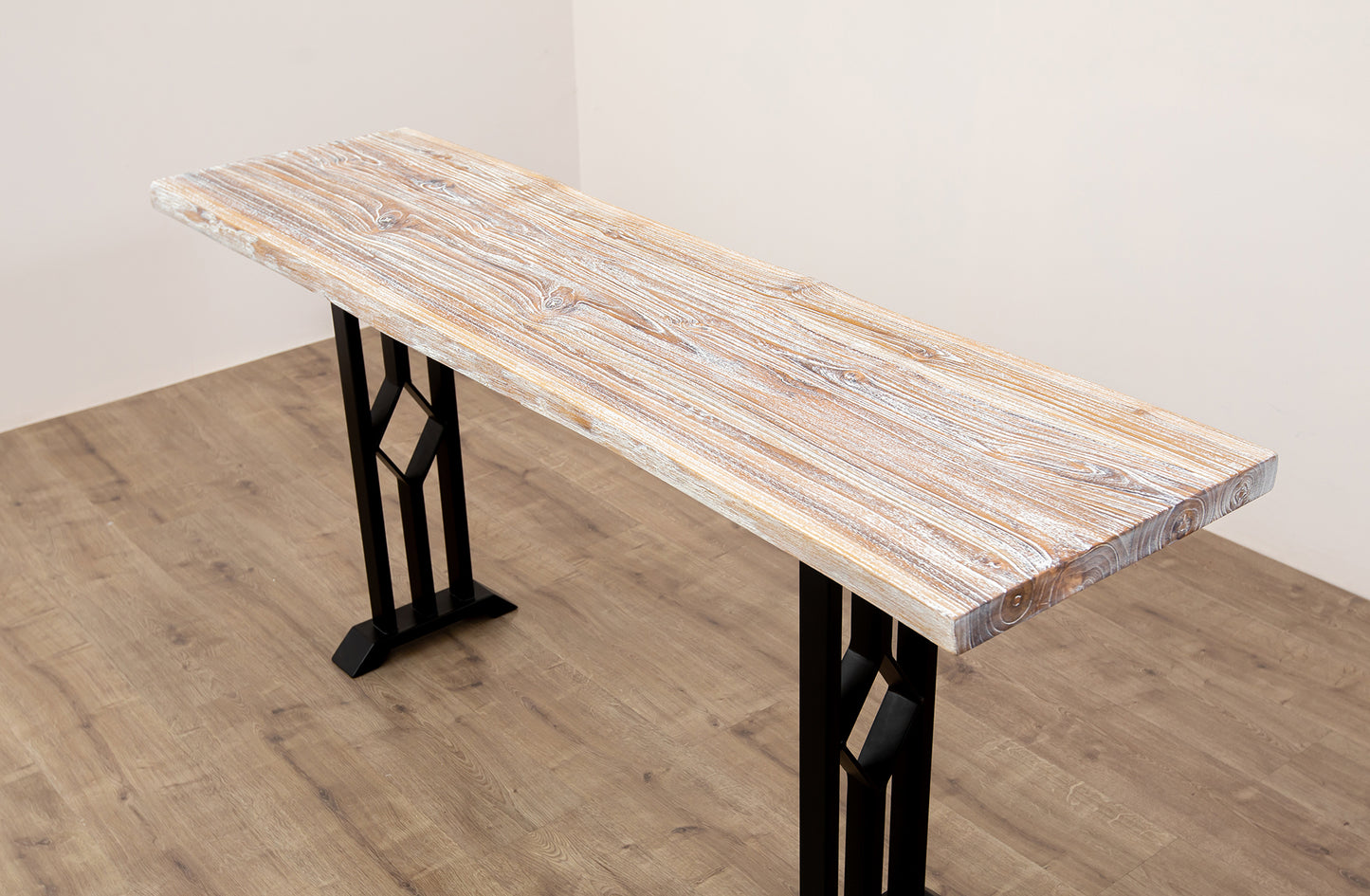 65x18" Teak Live Edge Console Table, Brushed-Texture Sun Bleached Finish