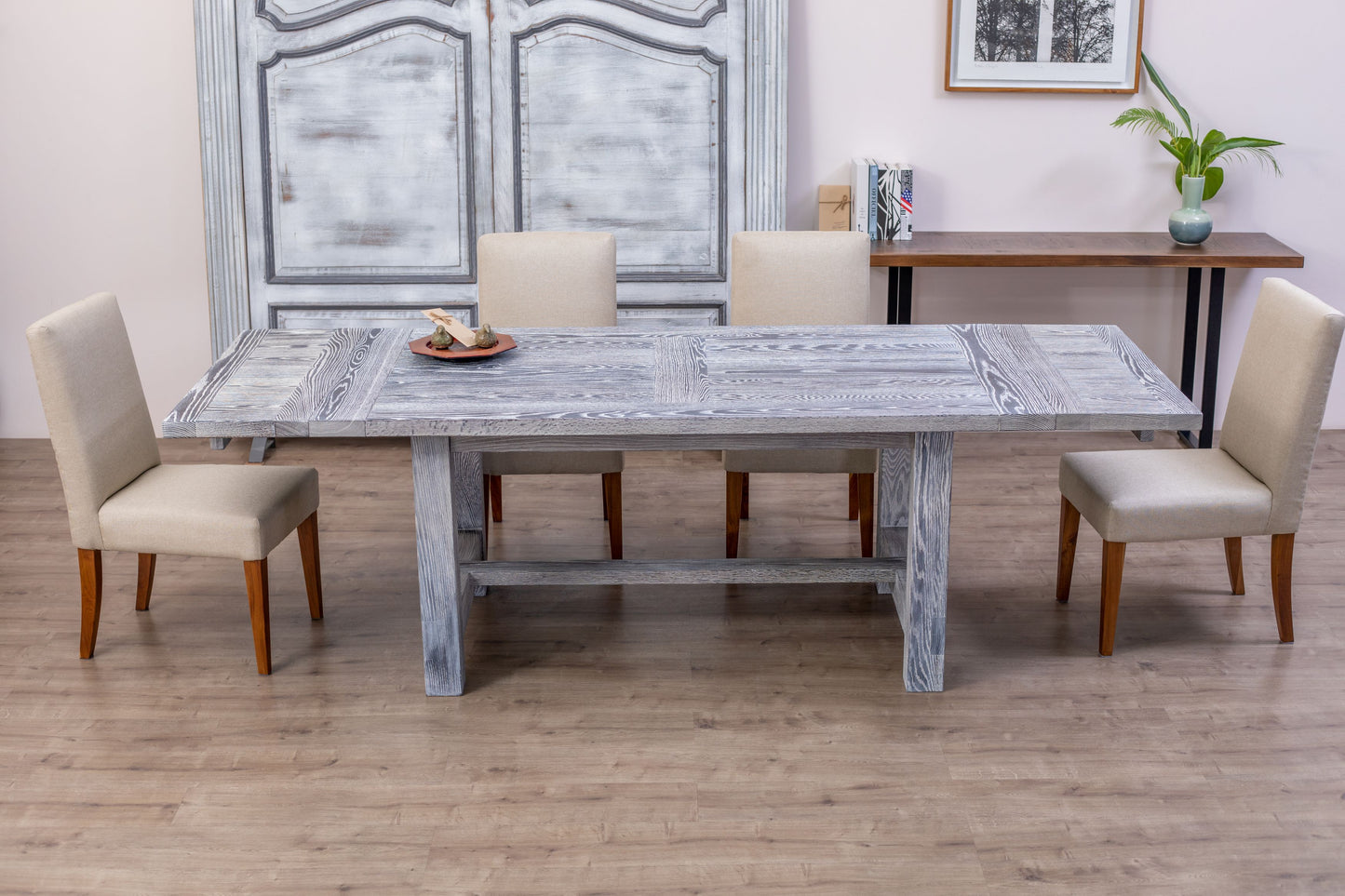 72x38"/104" Sonoma Teak Extension Dining Table, Brushed-Textured Sun Bleached Finish.