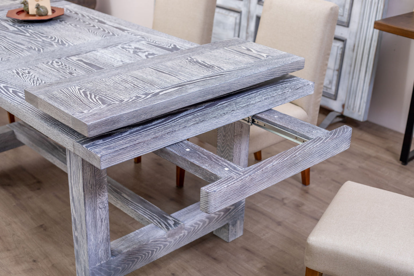 72x38"/104" Sonoma Teak Extension Dining Table, Brushed-Textured Sun Bleached Finish.