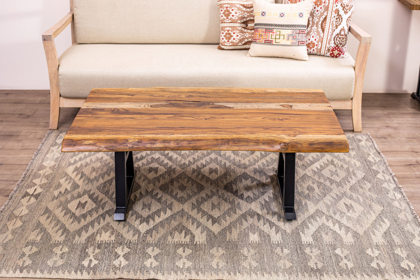 55x30" Teak Live Edge Coffee Table, Brushed-Texture Autumn Finish