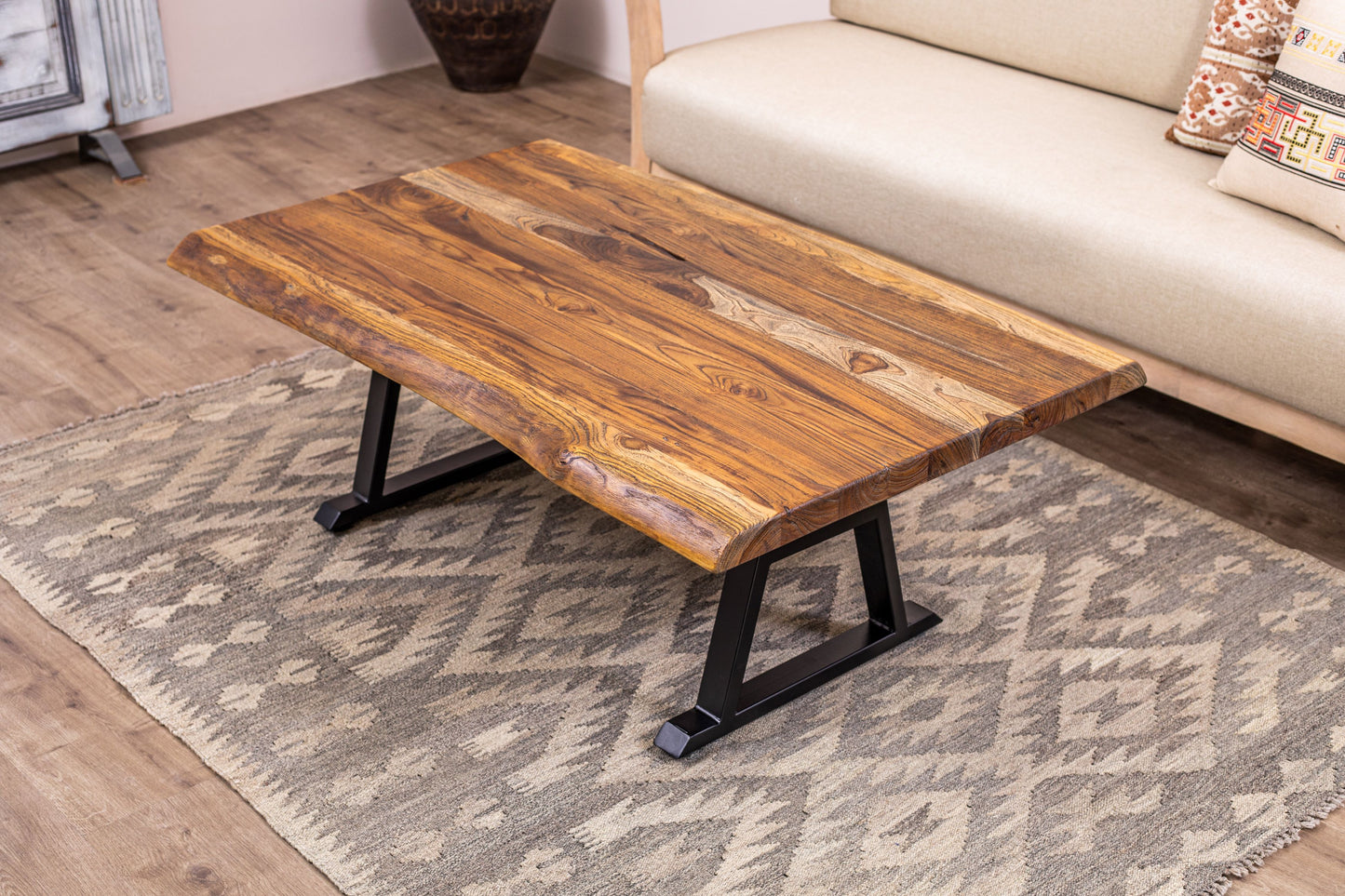 55x30" Teak Live Edge Coffee Table, Brushed-Texture Autumn Finish