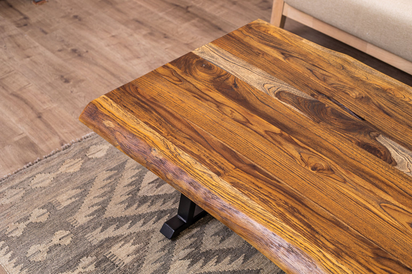55x30" Teak Live Edge Coffee Table, Brushed-Texture Autumn Finish