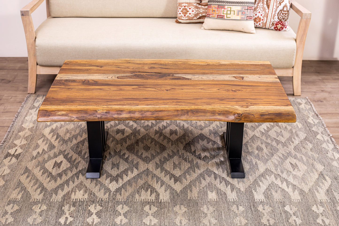 48x30" Teak Live Edge Coffee Table, Brushed-Texture Autumn Finish