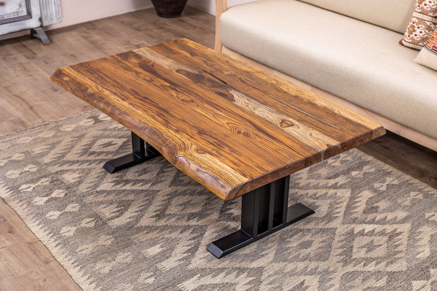 48x30" Teak Live Edge Coffee Table, Brushed-Texture Autumn Finish