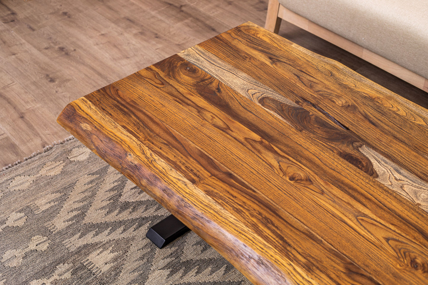 48x30" Teak Live Edge Coffee Table, Brushed-Texture Autumn Finish