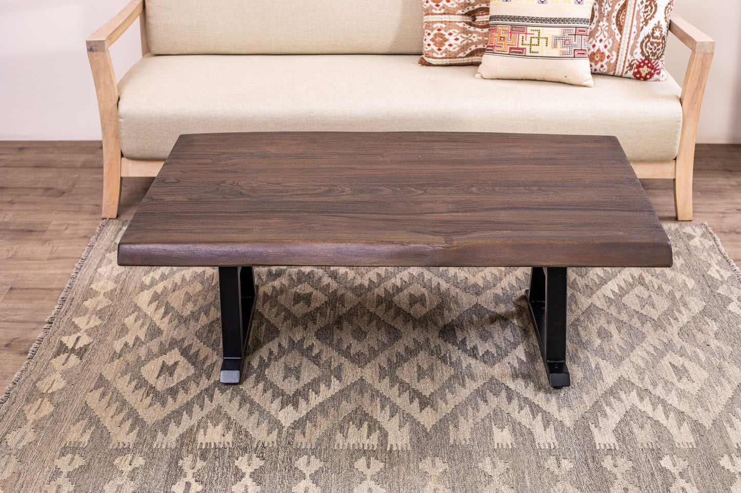 48x30" Teak Live Edge Coffee Table, Brushed-Texture Cocoa Finish