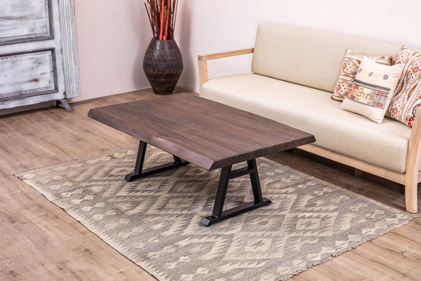 48x30" Teak Live Edge Coffee Table, Brushed-Texture Cocoa Finish