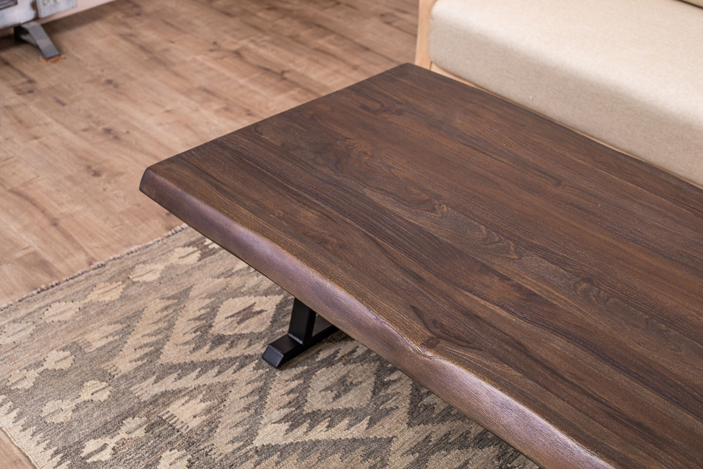 48x30" Teak Live Edge Coffee Table, Brushed-Texture Cocoa Finish