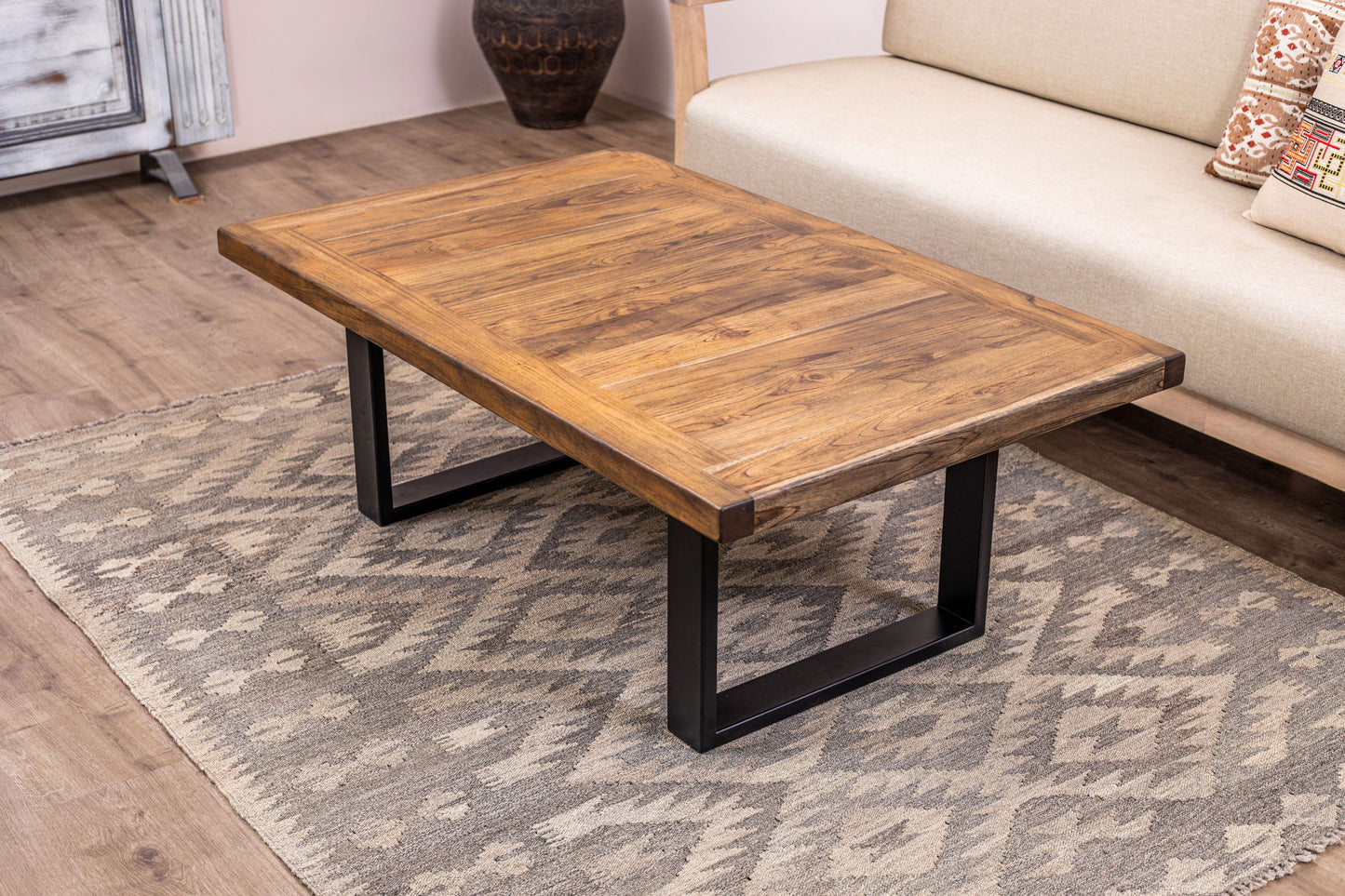 48x30" Teak Mission Edge Coffee Table, Brushed-Texture Autumn Finish