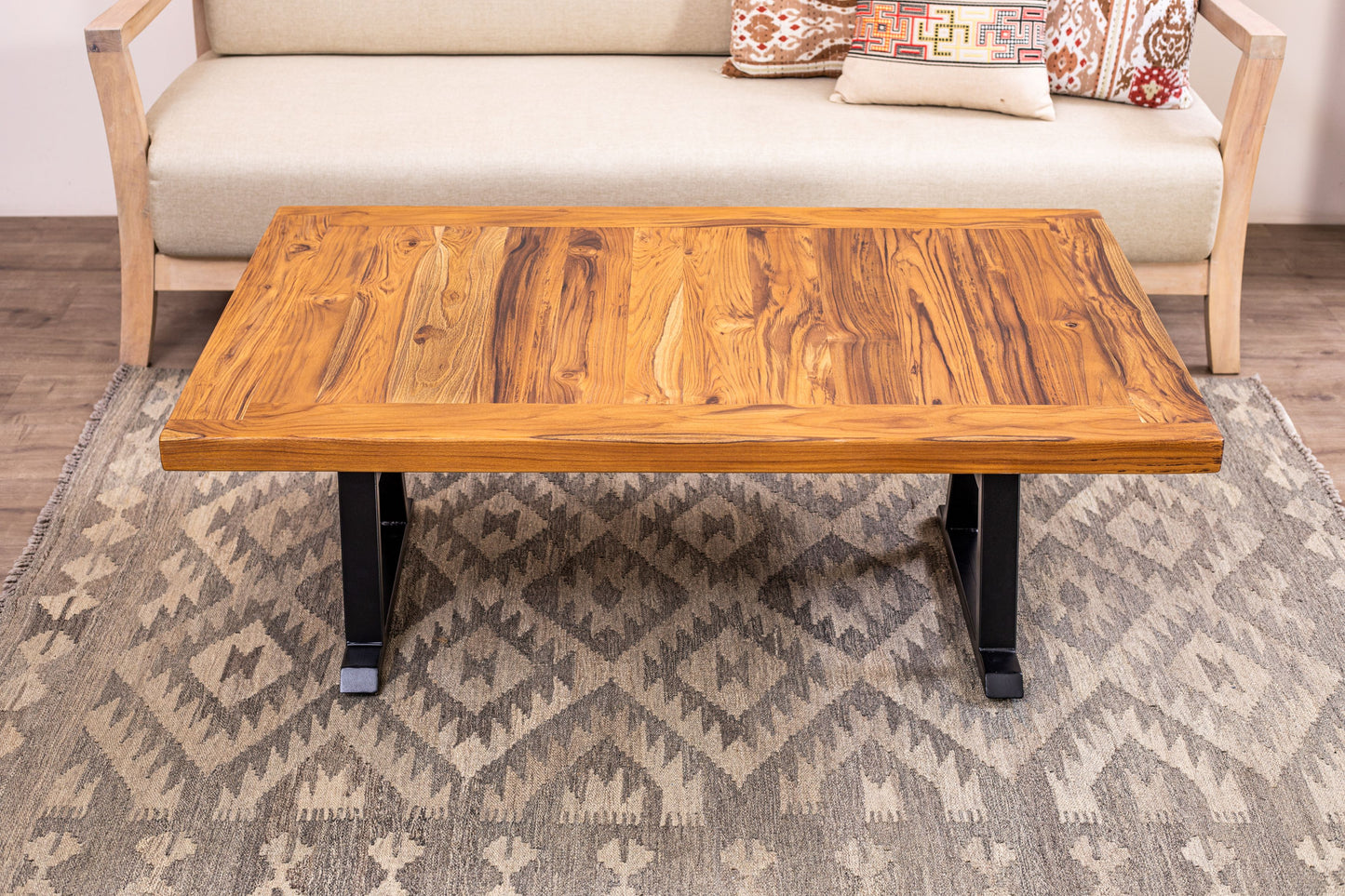 48x30" Teak Mission Edge Coffee Table, Brushed-Texture Natural Finish