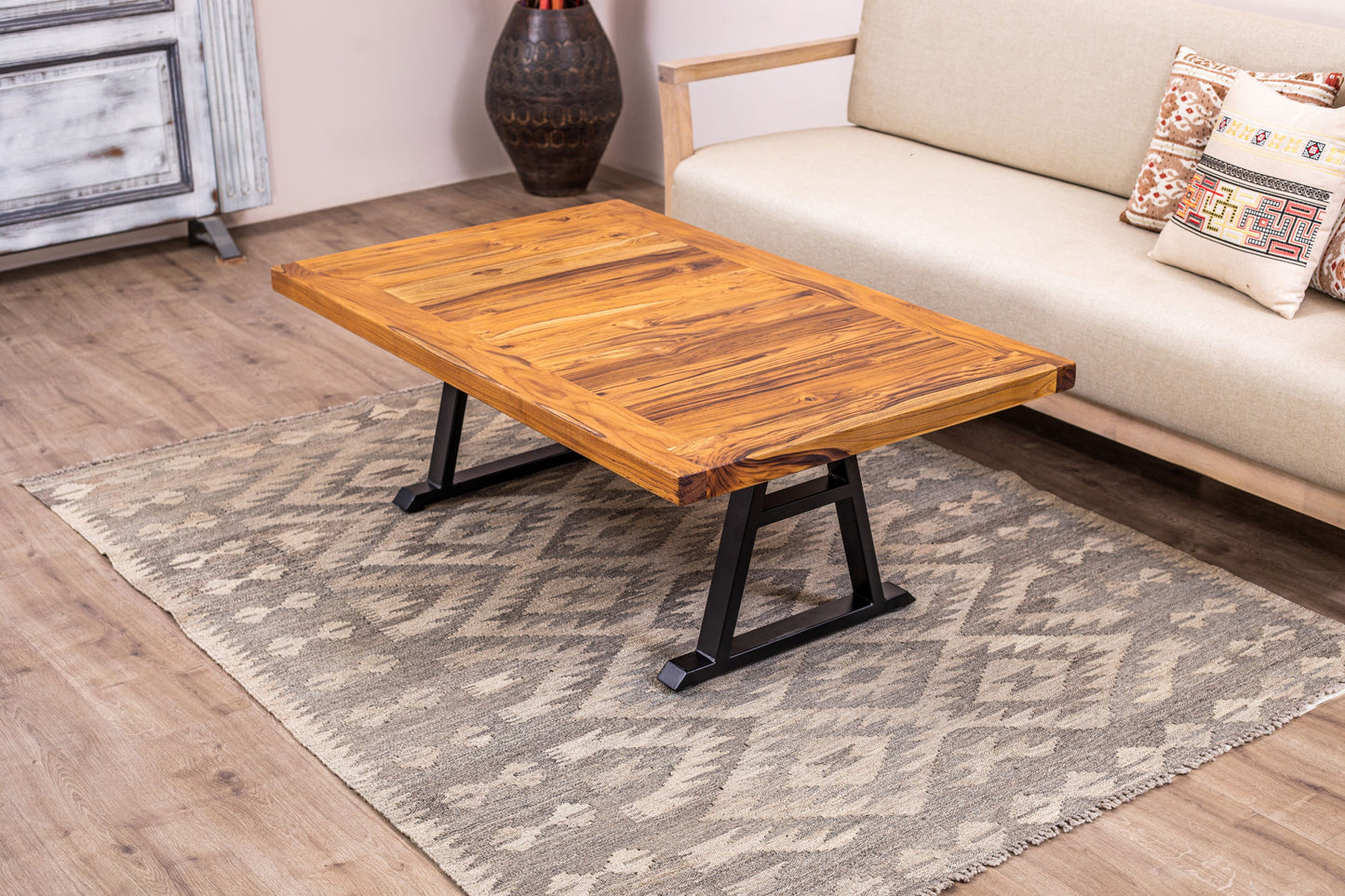 48x30" Teak Mission Edge Coffee Table, Brushed-Texture Natural Finish