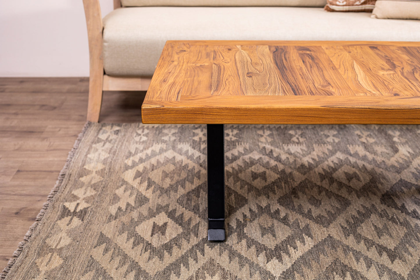 48x30" Teak Mission Edge Coffee Table, Brushed-Texture Natural Finish