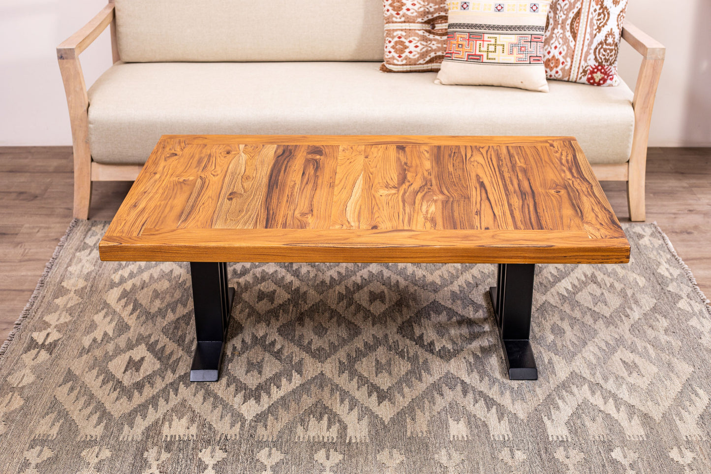 48x30" Teak Mission Edge Coffee Table, Brushed-Texture Natural Finish
